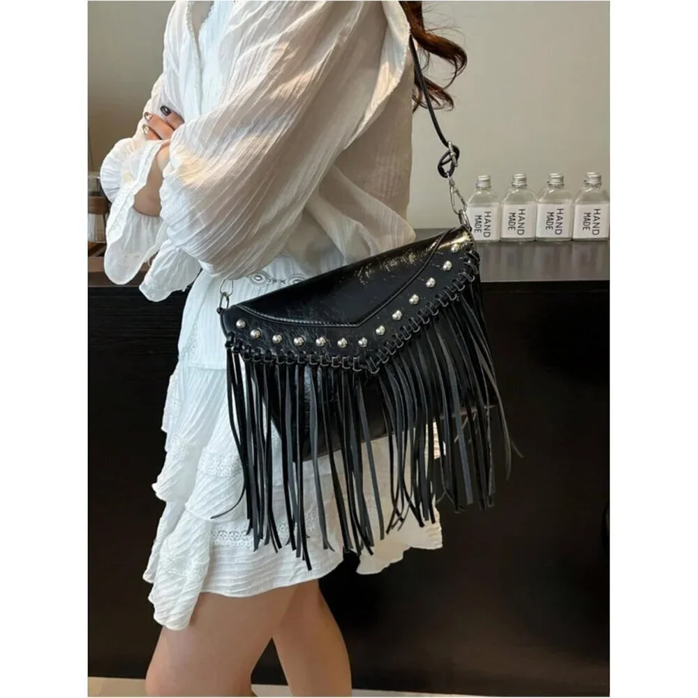 Women's Faux Leather Crossbody Bag Flap Fringe Rivet Y2K Clutch Handbag